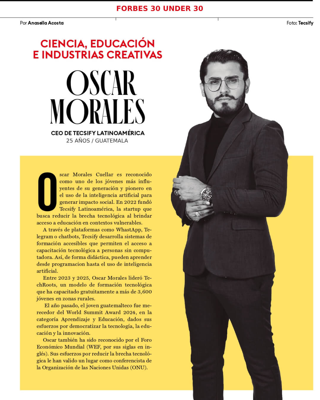 Oscar Morales Cuellar en la publicación de Forbes 30 Under 30 para América Latina
